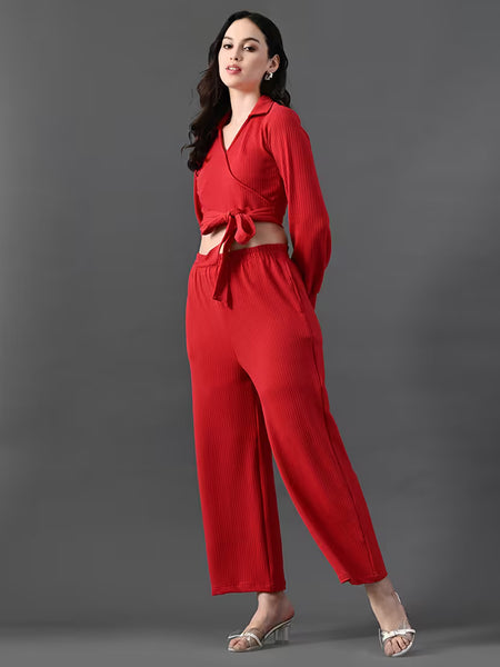 women solid wrap top and trouser co-ord set