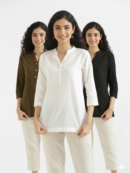 Pack Of 3 Short Cotton Short Kurti For Women