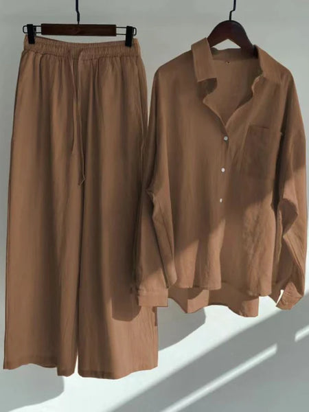 Fashionable Women's Slacks High Waist Cotton Shirt Suit