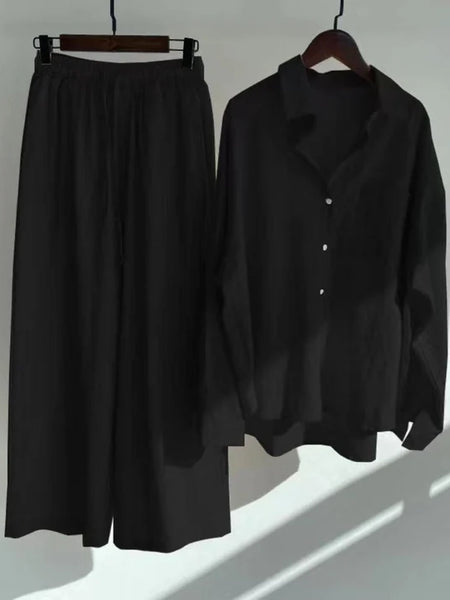Fashionable Women's Slacks High Waist Cotton Shirt Suit