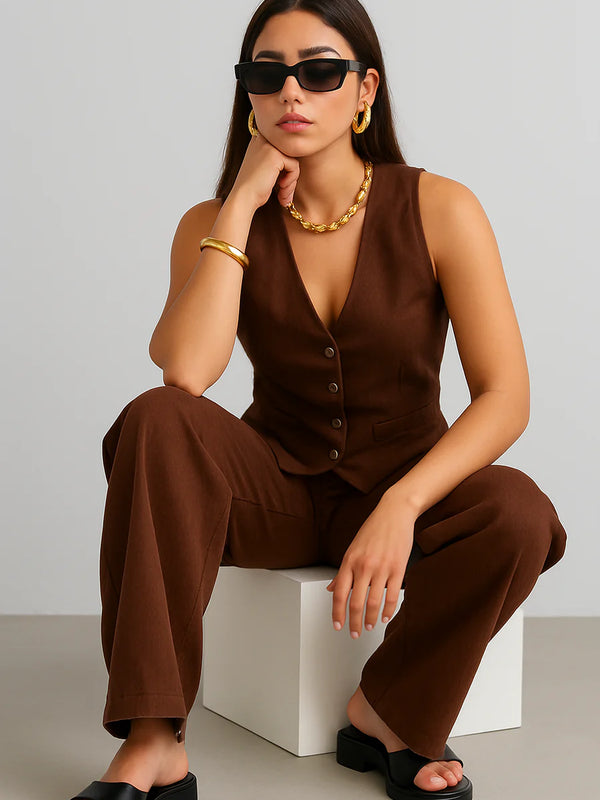 Alia Bhat Muse Chocolate Co-Linen Vest Coat & Trousers