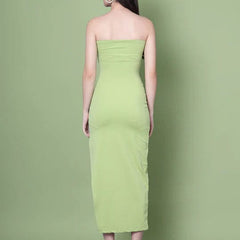 Olive Off-Shoulder Dress with Straight Neckline & Side Slit for Women