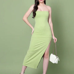 Olive Off-Shoulder Dress with Straight Neckline & Side Slit for Women