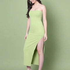 Olive Off-Shoulder Dress with Straight Neckline & Side Slit for Women