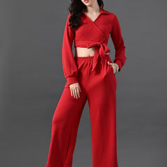 women solid wrap top and trouser co-ord set