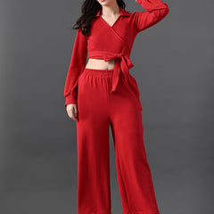 women solid wrap top and trouser co-ord set