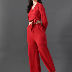 women solid wrap top and trouser co-ord set